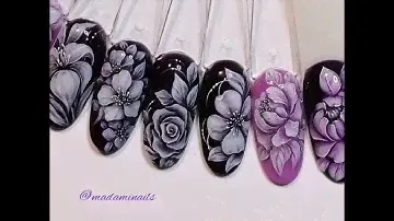 Peonies on nails. ПИОН? Легко😉. Монохромные цветы#дизайнногтей #nailart #росписьногтей
